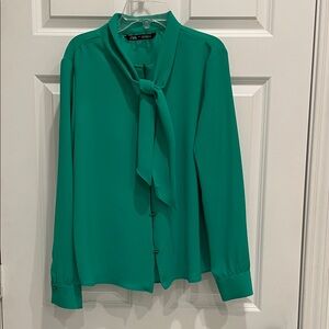 Zara Vibrant Green Blouse with Bow Detail